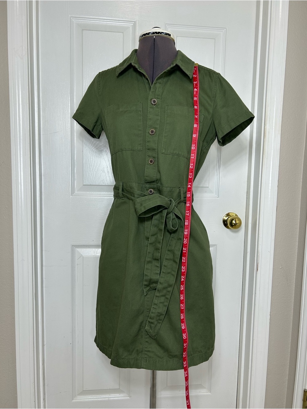 J Crew Cotton Olive Green Utility Shirt Dress Belt Pockets Elastic Back Waist 2 - Picture 6 of 14